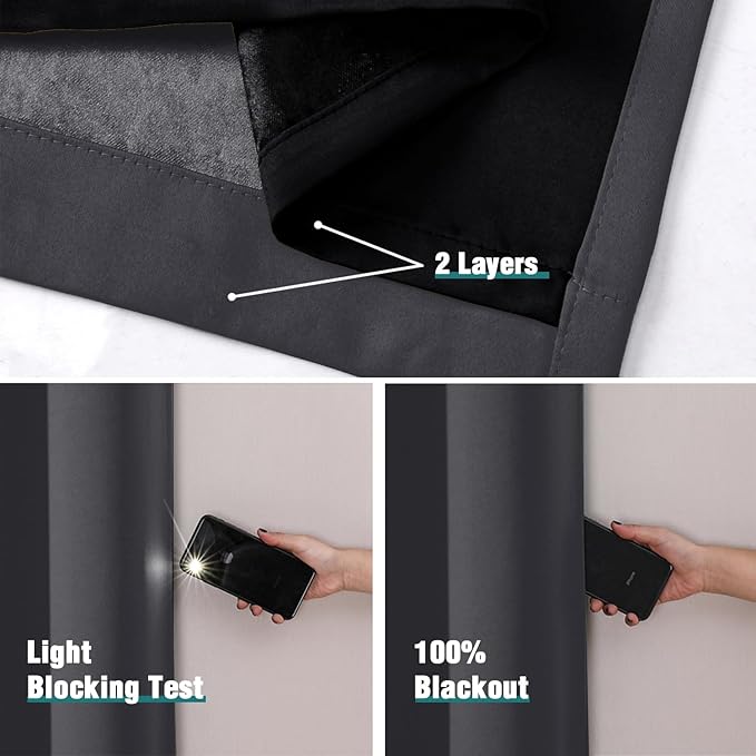 ChrisDowa 100% Blackout Curtains for Bedroom with Black Liner, 2 Thick Layers Total Blackout Thermal Insulated Grommet Small Window Curtains 45 Inch Length 2 Panels Set (Dark Grey, 52 x 45 Inch)