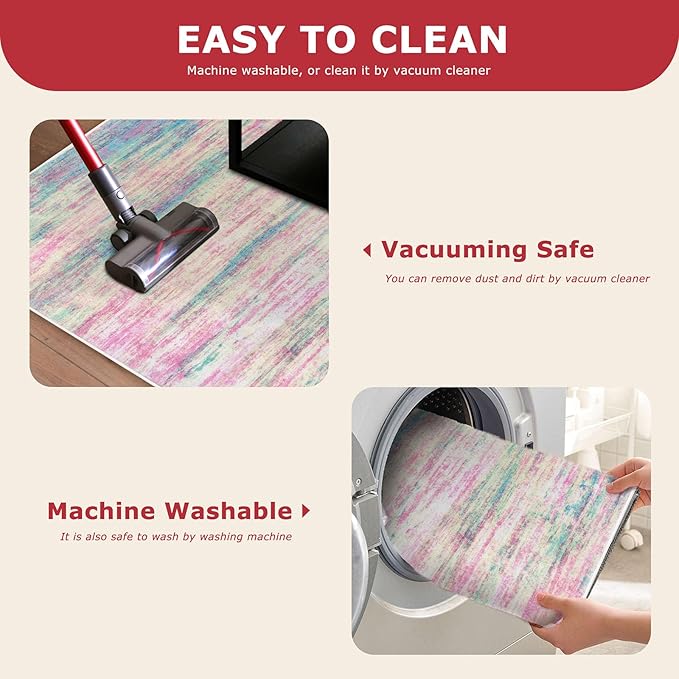 KOZYFLY Modern Abstract Pink 3x5 Area Rug Washable Girls Kids Bedroom Rug Throw Entry Mat Non-Slip Carpet Dining Room Rug with Soft Low Pile for Living Room Kitchen Bath Office