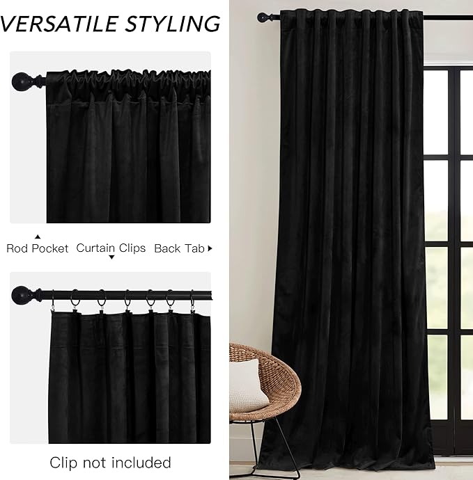 RYB HOME Velvet Blackout Curtains for Bedroom - Black Super Soft Room Darkening Thermal Insulating Window Drapes for Living Room Dining Backdrop, W 52 x L 90 inch, 2 Panels