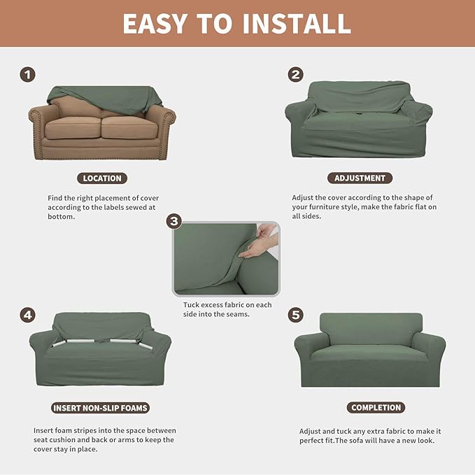 Easy-Going 100% Waterproof Loveseat Couch Cover, Dual Waterproof Sofa Cover, Stretch Jacquard Sofa Slipcover, Leakproof Furniture Protector for Kids, Pets, Dog and Cat (Loveseat, Grayish Green)