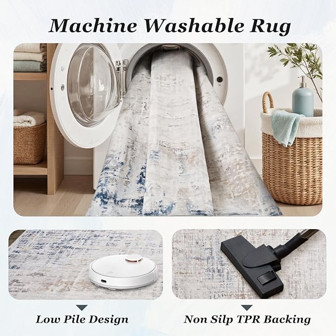 3 x 5 Rug Small Non Slip Area Rug Ultra Soft Machine Washable Low Pile Modern Abstract Area Rugs for Bedroom Living Room Entryway Kitchen Bedside, Blue/Grey