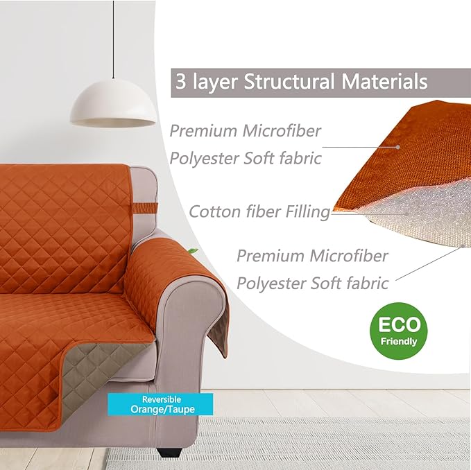 U-NICE HOME Recliner Chair Covers Reversible Chair Cover Pet Covers for Dogs with Elastic Straps Water Resistant Diamond Quilted (28''Recliner Oversized, Orange/Taupe)
