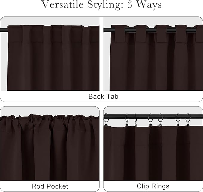 Pony Dance Blackout Curtains Thermal Insulated Window Treatment Panels Room Darkening Shade Drapes for Living Room Back Tab/Rod Pocket Bedroom Draperies, 34 x 63 Inch, Brown, 2 Panels
