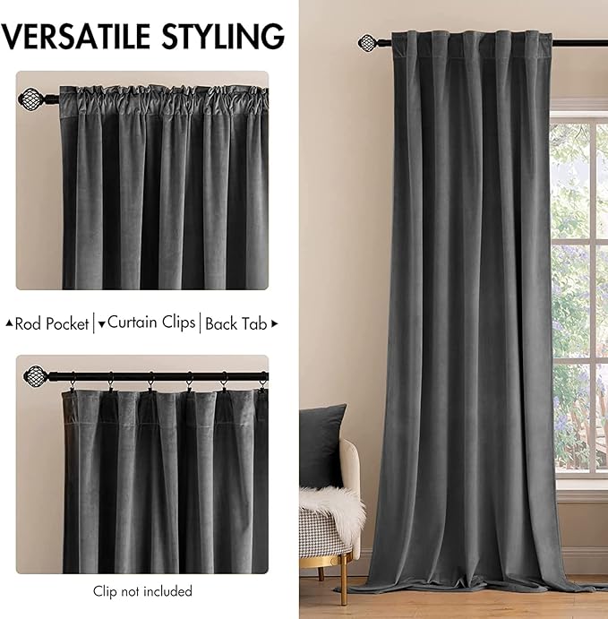 MIULEE Grey Velvet Curtains 96 inches 2 Panels - Luxury Blackout Curtains for Bedroom Living Room Thermal Insulated Super Soft Window Drapes Rod Pocket & Back Tab, W52 x L96 inches