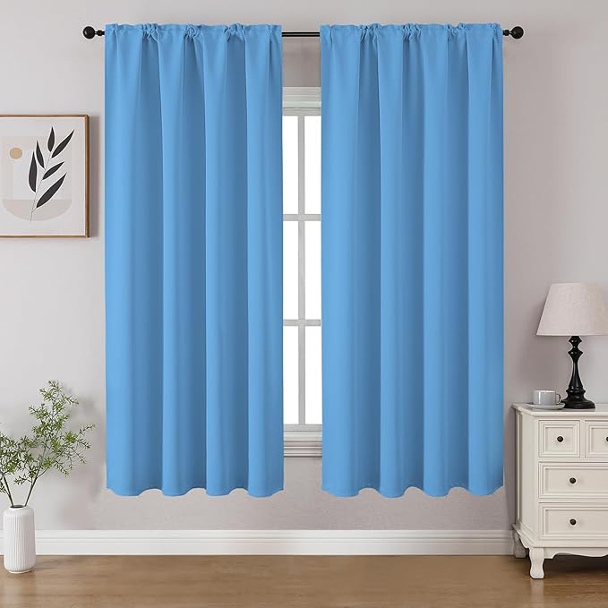 CUCRAF Light Blue Blackout Curtains 54 inch Length 2 Panels Set, Rod Pocket Room Darkening Drapes for Bedroom Living Room, Insulated Thermal Light Blocking Window Curtain (W52 x L54 Inch)