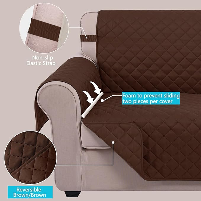 U-NICE HOME Recliner Chair Covers Reversible Quilted Water Repellent Pet Protectors with Elastic Straps (23''Recliner Small, Brown/Brown)