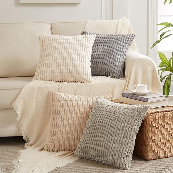 Fancy Homi 4 Packs Taupe Decorative Throw Pillow Covers 18x18 Inch for Living Room Couch Bed, Rustic Modern Farmhouse Boho Home Decor, Soft Plush Corduroy Cute Accent Square Cushion Case 45x45 cm