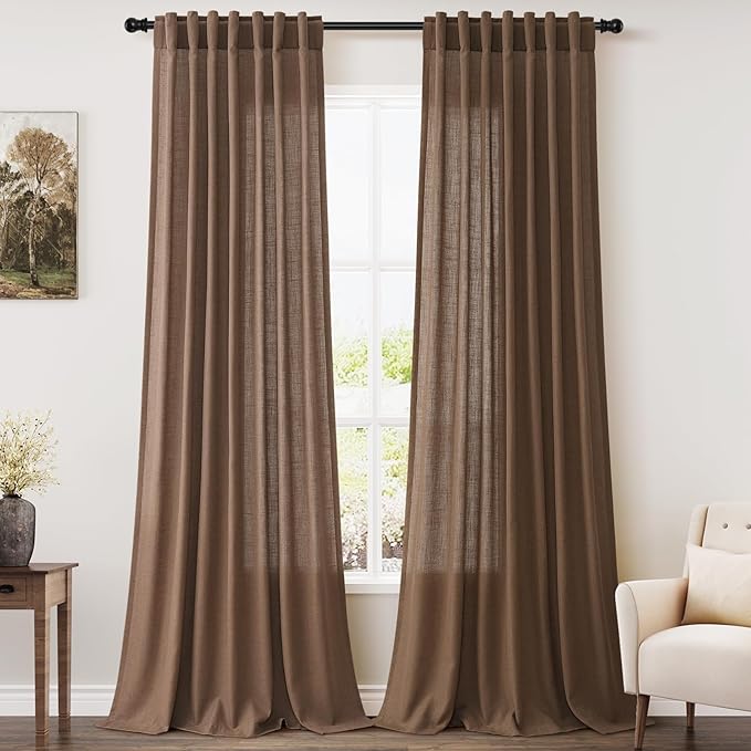 Caramel Brown Linen Curtains for Living Room 98 Inches Long Back Tab and Rod Pocket Light Filtering Semi Sheer Vintage Rustic Curtain Luxury Boho Decor Drapes for Bedroom Office 52x98, 2 Panels