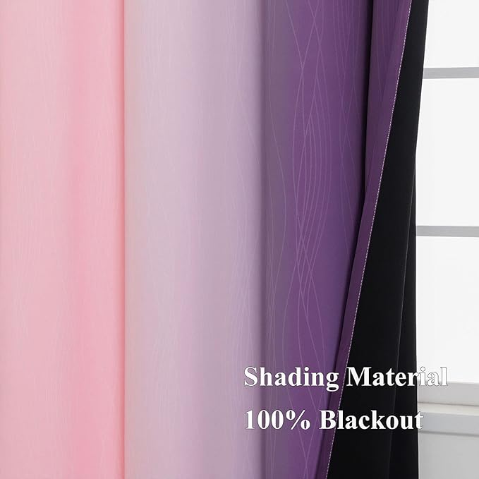 Ombre Pink and Purple Blackout Curtains 96 Inches Long, Full Room Darkening Curtains for Girls Room,Grommet Thermal Insulated Gradient Drapes, Light Blocking Curtains for Bedroom,52x96 Inch, 2 Panels