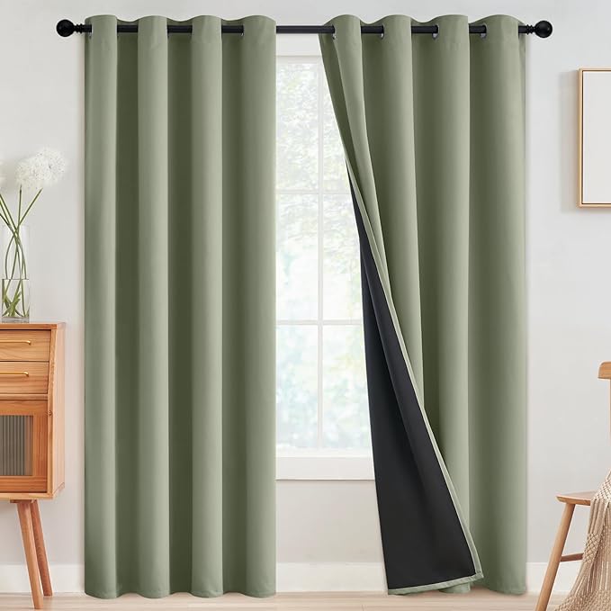 SimpleHome 100% Blackout Curtains for Bedroom,Thermal Insulated Light Sage Grommet Window Drapes Room Darkening Curtains for Living Room with Black Back,52 x 84 Inch,2 Panels