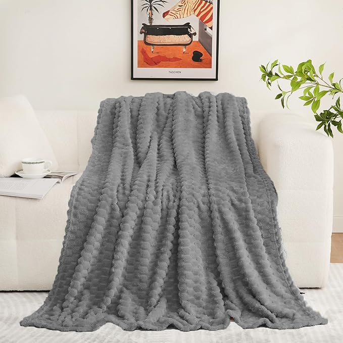Puncuntex Grey Throw Blanket 108"×90" inches Fuzzy 3D Jacquard Decorative Flannel Fleece Super Soft Plush Cozy Blanket for Couch Sofa Chair Lightweight