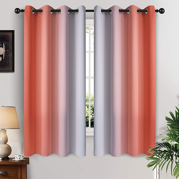 Yakamok Thermal Insulated Coral and Greyish White Gradient Curtains, Room Darkening Grommet Window Ombre Curtains, Light Blocking Drapes for Bedroom (52x63 Inch, Set of 2)
