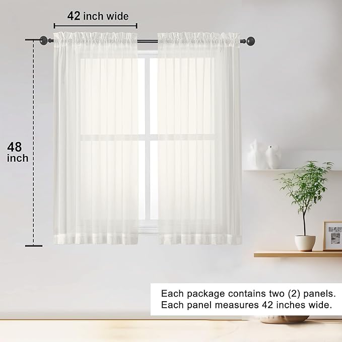 OWENIE Sheer Ivory Curtains 84 Inch Length 2 Panels Set for Living Room Bedroom, Rod Pocket Voile Sheer Panel Drapes, Ivory, 2pcs, Each 42" W x 48" L