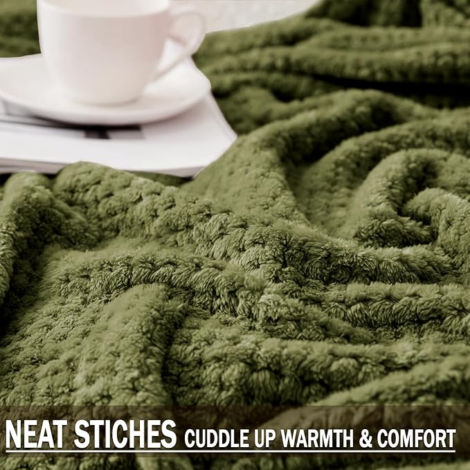 Exclusivo Mezcla Fleece Bed Blanket King Size, Super Soft and Warm Blankets for Couch, Sofa and Bed Waffle Textured, Cozy, Fuzzy and Lightweight (Olive Green, 90x104 Inches)