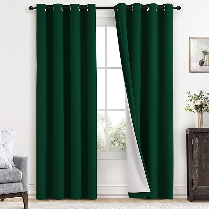 Yakamok 100% Blackout Curtains Dark Green Room Darkening Thermal Insulated with 2 Thick Layers-Hunter Green Window Drapes Set of 2 Panels for Bedroom Living Room 52 Inches by 96 Inches Length