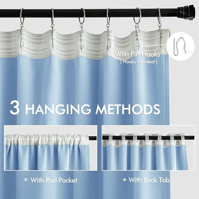 MIULEE Sky Blue Back Tab Blackout Curtains 72 Inches Long 2 Panels Set for Living Room Bedroom Privacy, Rod Pocket/Pinch Pleat Thermal Insulated Room Darkening Pleated Light Blocking Drapes