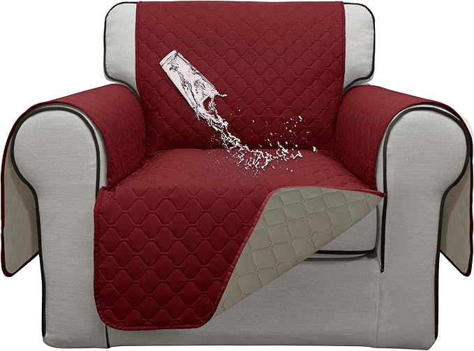 ISSUNTEX Double Protection 100% Waterproof Chair Sofa Cover for Living Room, Reversible Furniture Protector for Dogs, Pets, Kids (Chair, Christmas Red/Beige)