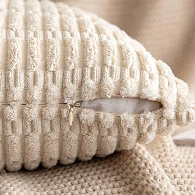 MIULEE Pack of 2 Corduroy Decorative Euro Sham Throw Pillow Covers 26x26 Inch Soft Boho Striped Pillow Covers Modern Farmhouse Home Decor for Sofa Living Room Couch Bed Cream White