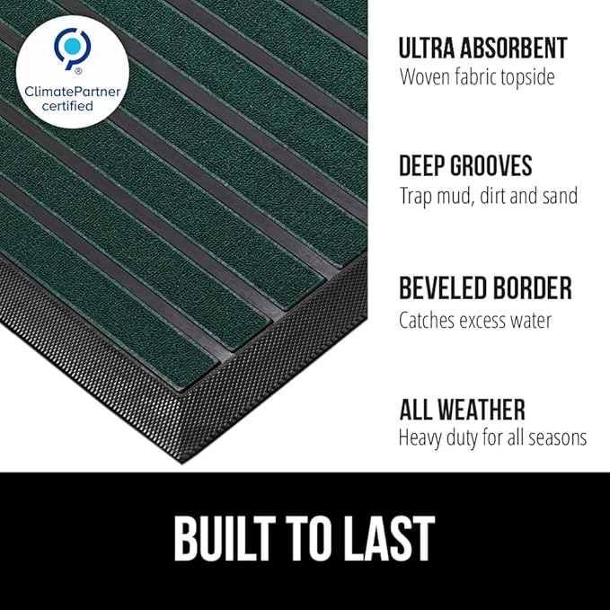GORILLA GRIP 100% Waterproof All-Season WeatherMAX Doormat US Designed Natural Rubber, Stain and Fade Resistant, Low Profile Indoor Outdoor Door Mats, Easy Clean Patio Mat, 23x35, Green Stripe