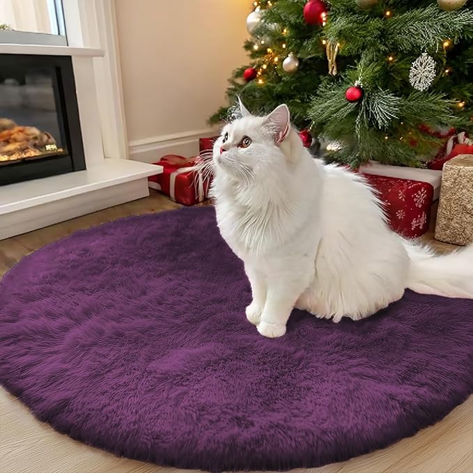 OLANLY Dark Purple Round Rugs for Bedroom - Machine Washable, 3 ft Circle Area Rugs for Living Room, Soft and Fluffy Shaggy Carpet for Teen Girl and Boys, Nursery Rooms, Dorms, Home Decor Aesthetic