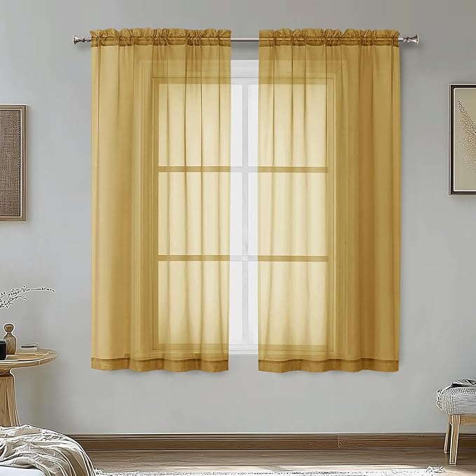 OVZME Gold Sheer Curtains 54 Inches Long 2 Panels - Soft Light Filtering Window Sheer Panels for Living Room/Bedroom, Top Dual Rod Pocket, 1 Pair, Each 42Wx54L Inches