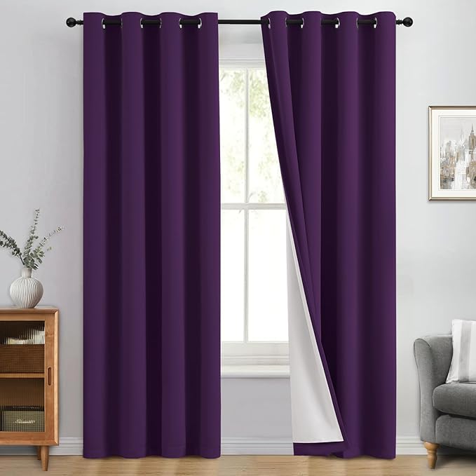 Yakamok 100% Blackout Curtain Panels 84 inches Cold and Light Blocking Drapes for Nursery, 2 Thick Layers Thermal Insulated Draperies (2 Pieces, 50 Wide Each Panel, Purple/White Backing)