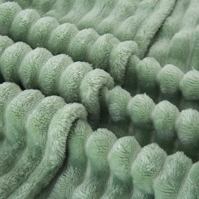 Sage Green Fleece Throw Blanket 50”×70” for Couch Sofa Bed,Super Soft Cozy Plush Microfiber Flannel Blanket with Stripes Design Lightweight for Adults,Woman,Girls
