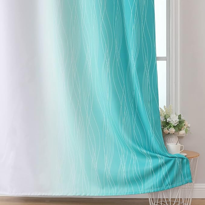 Estelar Textiler Grayish White and Teal Blackout Curtains for Living Room, Ombre Thermal Insulated Noise Reducing Blackout Drapes for Bedroom, Room Darkening Grommet Curtains, 52Wx72L, 2 Panels