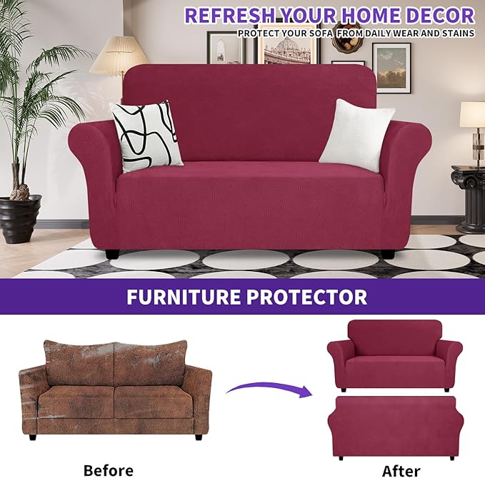 ZNSAYOTX Super Stretch Loveseat Covers (57"-70"), New Striped Love Seat Slipcover, Dogs Pet Friendly Anti-Slip Couch Protector Spandex Durable 2 Seater Fabric Sofa Cover (Wine Red, Loveseat)