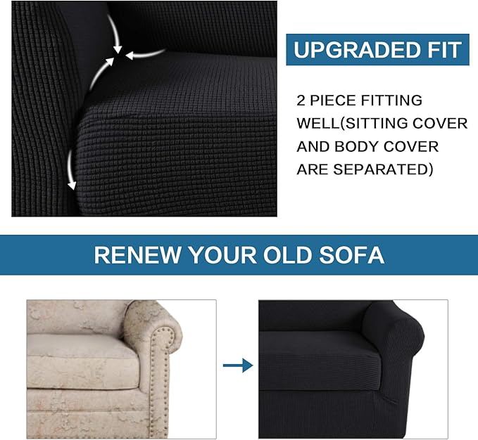 H.VERSAILTEX 2 Piece Stretch Stylish Furniture Cover/Protector Chair Covers for Living Room Soft with Elastic Bottom for Kids, Spandex Jacquard Fabric Small Checks(Chair, Black)