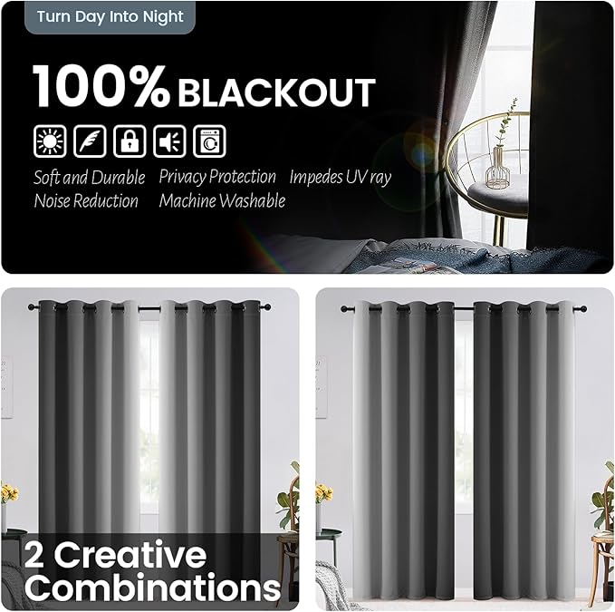 SimpleHome 100% Blackout Ombre Room Darkening Curtains for Living Room, Light Blocking Grey to Greyish White Thermal Insulated Grommet Window Drapes for Bedroom, 2 Panels, 52x96 inches Length