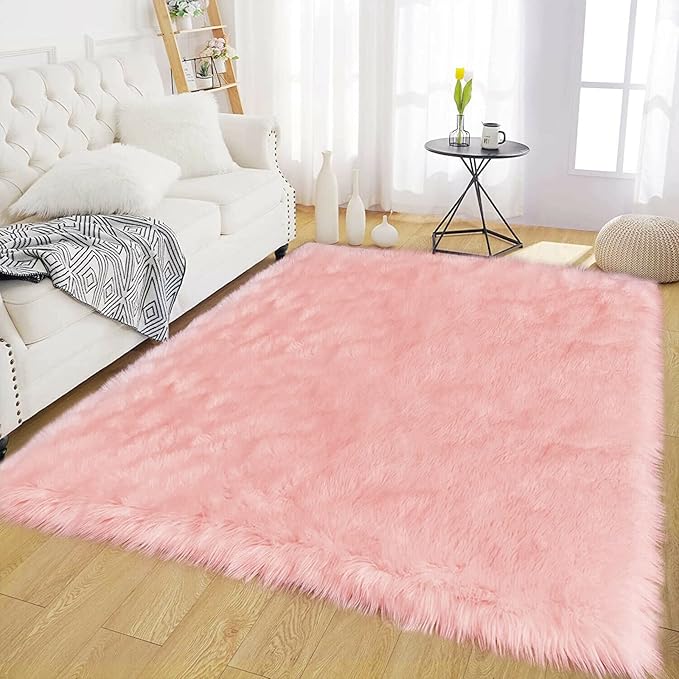 Latepis Pink Fur 5x8 Area Rug for Living Room Bedroom Faux Sheepskin Rugs Fuzzy Shaggy Plush Rug for Girls Room Cute Home Décor, Rectangle