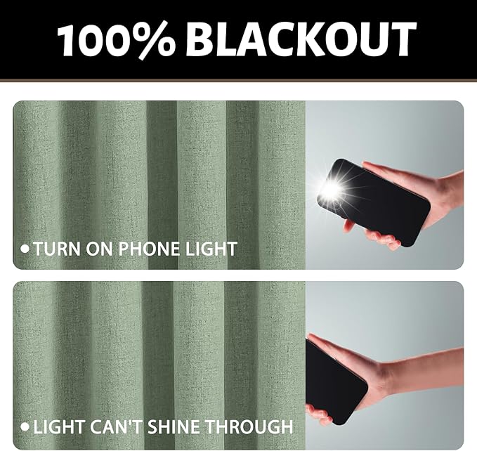 Yakamok Light Sage Green Linen Curtains 100% Blackout 90 Inches Long,Room Darkening Textured Curtains for Living Room Thermal Grommet Bedroom Curtains 2 Panels with White Liner