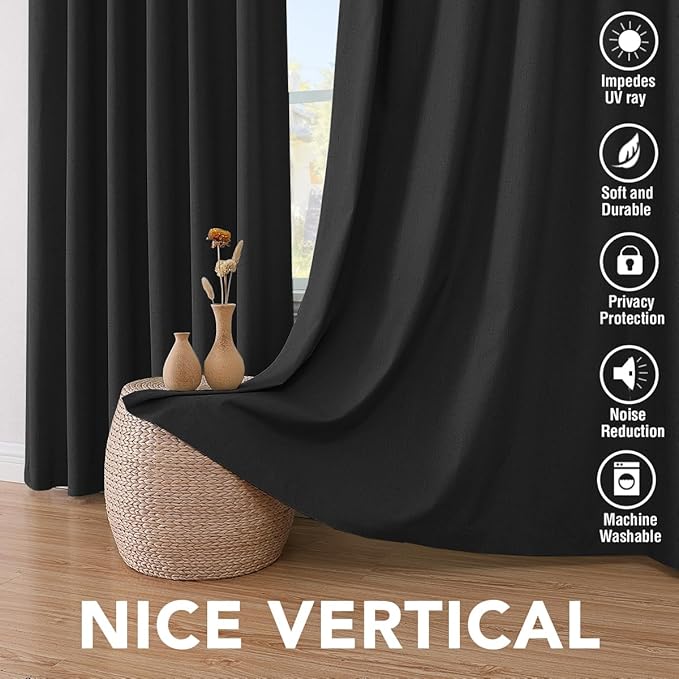 H.VERSAILTEX Linen Blackout Curtains 108 Inches Long 100% Blackout Thermal Insulated Textured Linen Look Curtain Draperies Anti-Rust Grommet, Energy Saving with White Liner, 2 Panels, Black