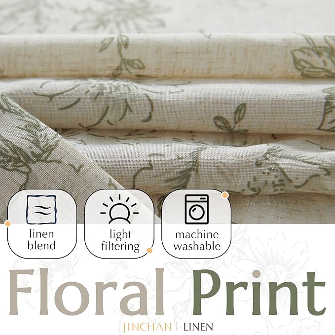 jinchan Linen Blend Floral Curtains for Living Room 108 Inches Extra Long Farmhouse Printed Curtain Back Tab Green Peony Flower Patterned Drapes Bedroom Window Curtains Set 2 Panels