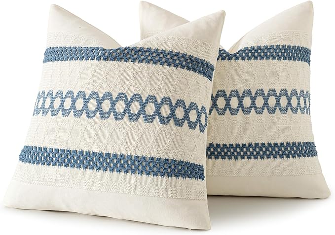 MIULEE Set of 2 Coastal Blue Boho Decorative Pillow Covers 20x20 Inch Farmhouse Rustic Couch Throw Pillows Modern Summer Cotton Cushion Covers Retro Cute Macrame Woven Spring Decor for Bed Sofa Chair