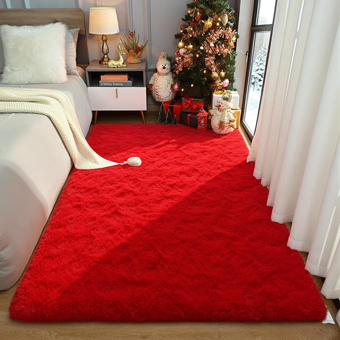 Amearea Shag Fluffy Area Rug for Bedroom Girls Living Room, Extra Soft and Fuzzy Shaggy Rugs, Non Slip, Solid Color Carpet Mat for Boys Nursery Home, Red 5x8 Feet