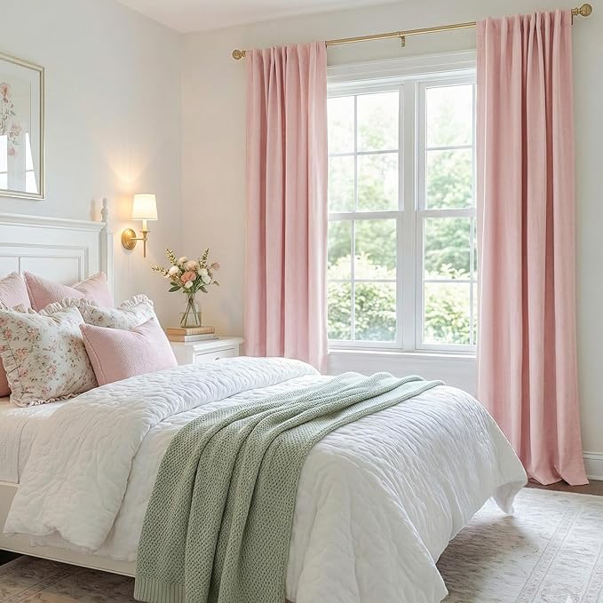 100% Blackout Shield Linen Blackout Curtains for Bedroom 96 Inches Long, Back Tab/Rod Pocket Living Room Drapes, Thermal Insulated Blackout Curtains 2 Panels Set, 50" W x 96" L,Baby Pink
