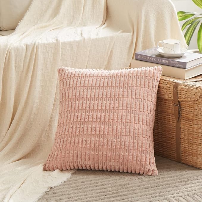 Fancy Homi 4 Packs Boho Pink Decorative Throw Pillow Covers 22x22 Inch for Living Room Couch Bed Sofa, Rustic Modern Farmhouse Home Decor, Soft Plush Corduroy Cute Square Cushion Case 55x55 cm