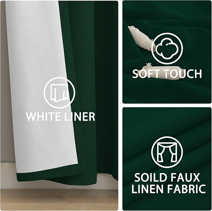Yakamok Dark Green Linen Curtains 100% Blackout 96 Inches Long,Room Darkening Textured Drapes for Living Room Thermal Grommet Bedroom Curtains 2 Panels with White Liner
