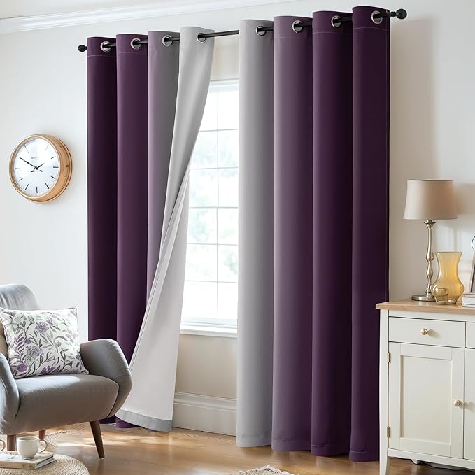 Yakamok 100% Blackout Curtains 63 Inch Length 2 Layers,Purple Curtains for Bedroom Ombre Room Darkening Grommet Gradient Drapes, Light Blocking Thermal Insulated Window Curtains for Living Room