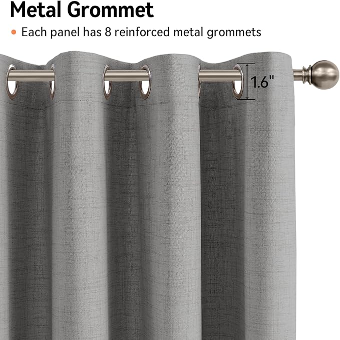 100% Blackout Shield Linen Blackout Curtains for Bedroom, Grey Grommet Curtains for Living Room, Thermal Insulated Room Darkening Drapes for Nursery, Boho Home Decor, 50" W x 72" L, 2 Panels