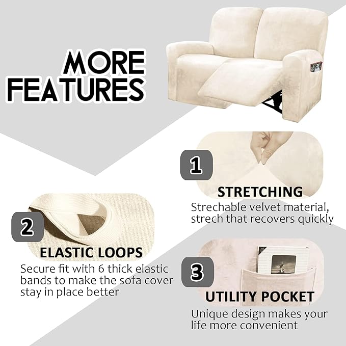 ULTICOR Reclining Love Seat Slipcover, 48" - 65" L, 6-Piece Velvet Stretch Loveseat Reclining Sofa Covers, 2 seat Love seat Recliner Cover, Thick, Soft, Washable (Ivory)