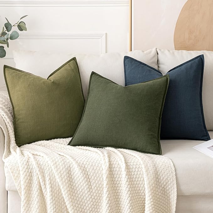 MIULEE Decorative Linen Pillow Covers 20x20 Inch Dark Olive Green Boho Farmhouse Neutral Spring Couch Throw Pillows for Bed Pack of 2 Accent Modern Pillowcase Sofa Livingroom Home Decor