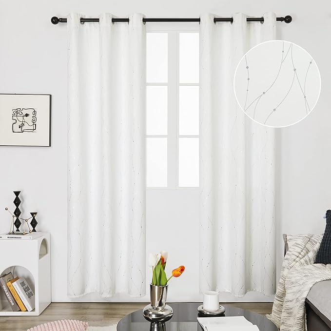 Deconovo White Curtains 95 Inches Long, Room Darkening Curtain, Thermal Insulated Soundproof Drapes, Wave Dots Silver Print, Grommet Top, Window Panels for Living Room Bedroom Sliding Door, Set of 2