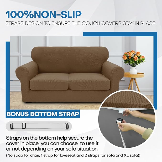 XINEAGE New 2 Pieces Chair Covers with Arms Super Stretch Chair Slipcover for Living Room Pet Dog Universal Slip Cover Anti Slip Armchair Furniture Protector (Brown), 31"-46"(1 Cushion)