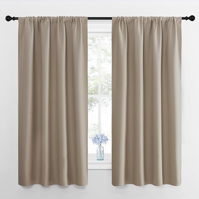 NICETOWN Kitchen Curtains, Short Blackout Drapes, Taupe, 34 in x 45 in (W x L), Set of 2, Thermal Insulated Rod Pocket Window Treatment Draperies for Nursery