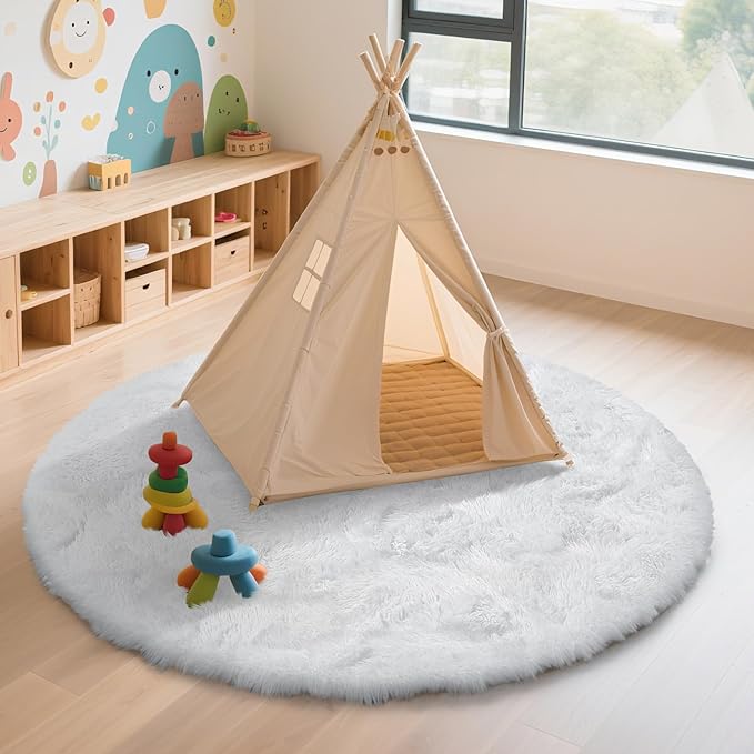 yulidayang White Fluffy Round Area Rugs for Bedroom,4'X4'Shag Circle Area Rugs for Girls Room,Non Slip Fuzzy Plush Rug for Kids Room Living Room and Dorm Home Decor Rug