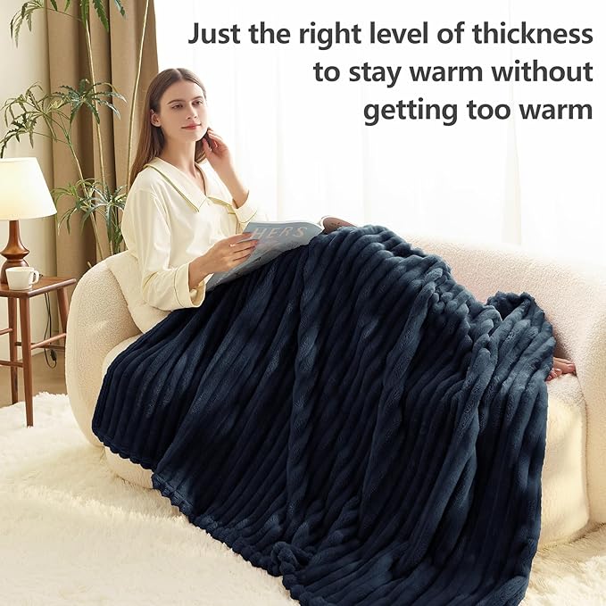 HIMEET Navy Blue Ribbed King Size Blanket for Bed - 300GSM Lightweight Fleece Blanket for Men Women, Large Cozy Sofa Couch Bed Blankets Gifts, Striped Spring Home Room Decor, Navy Blue, 108x90 Inches