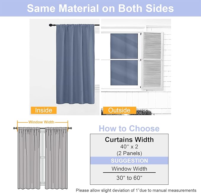 Simplebrand Ava Denim Blue Short Blackout Curtains for Bedroom 45 Inches Long 2 Panels Set, Solid Thermal Insulated, Energy Saving Window Treatment Curtains Blackout Drapes, W40 x L45 Inch, Denim Blue